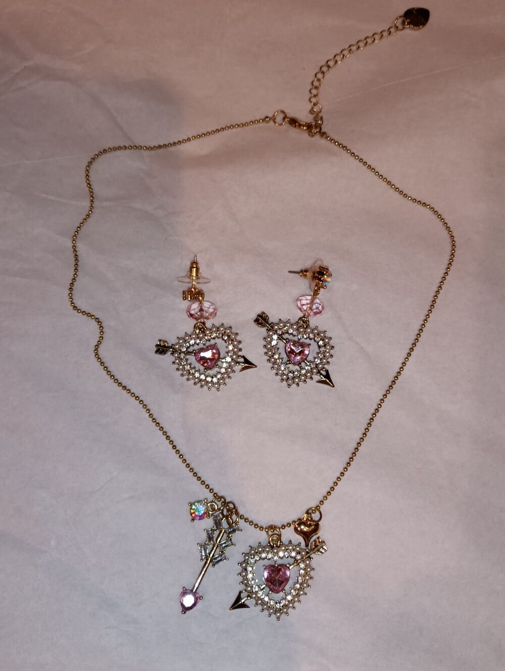 Betsey Johnson Gold-Tone Pink Heart Pendant Necklace & Earrings Set